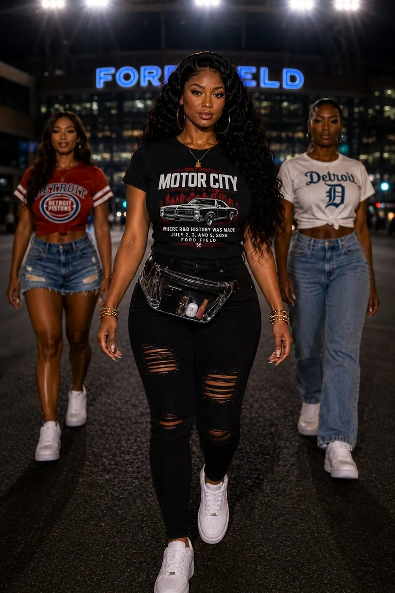 Three women in Detroit concert outfits at Ford Field with Motor City Tee