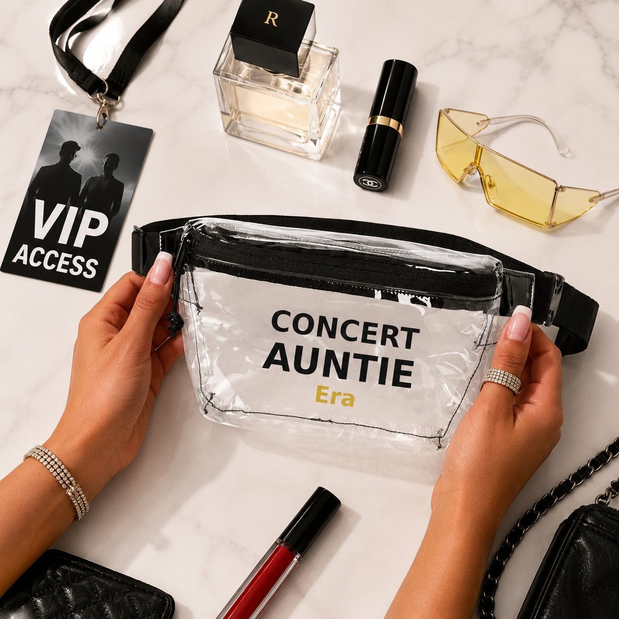 Concert Auntie Era clear stadium fanny pack flat lay VIP pass NYC