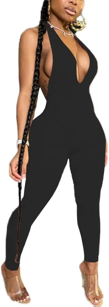 LuFeng black bodycon halter backless jumpsuit for R&B Tour concert