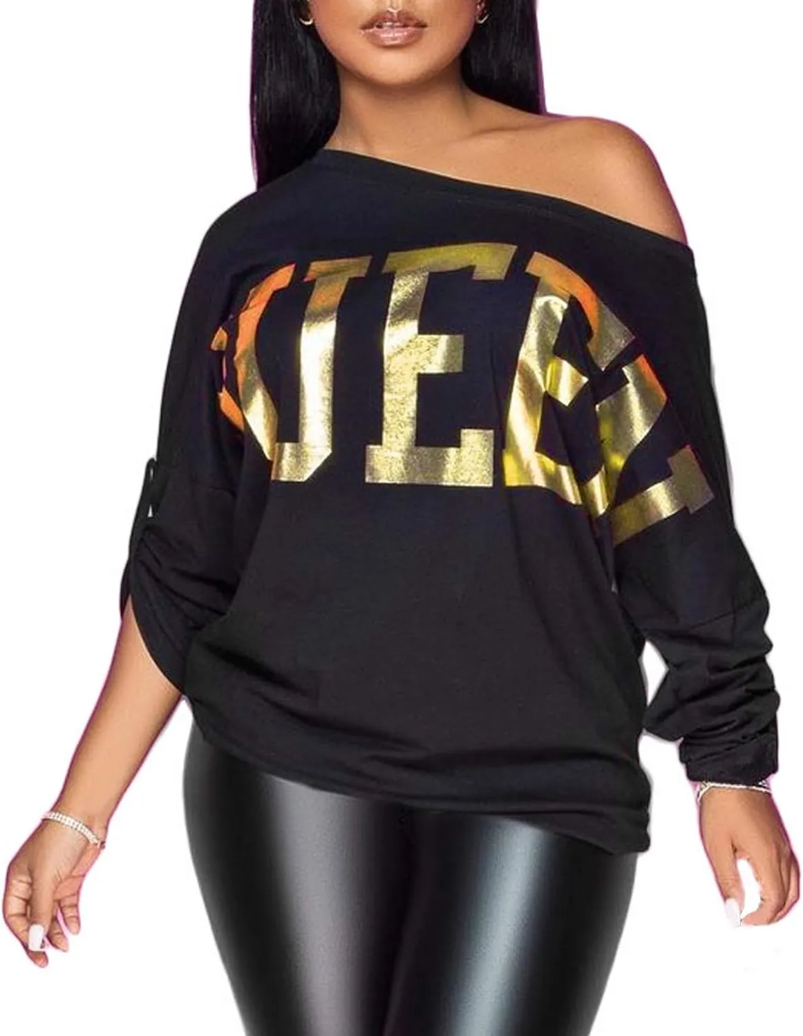 QUEEN gold graphic off-shoulder PESION tee for R&B concert