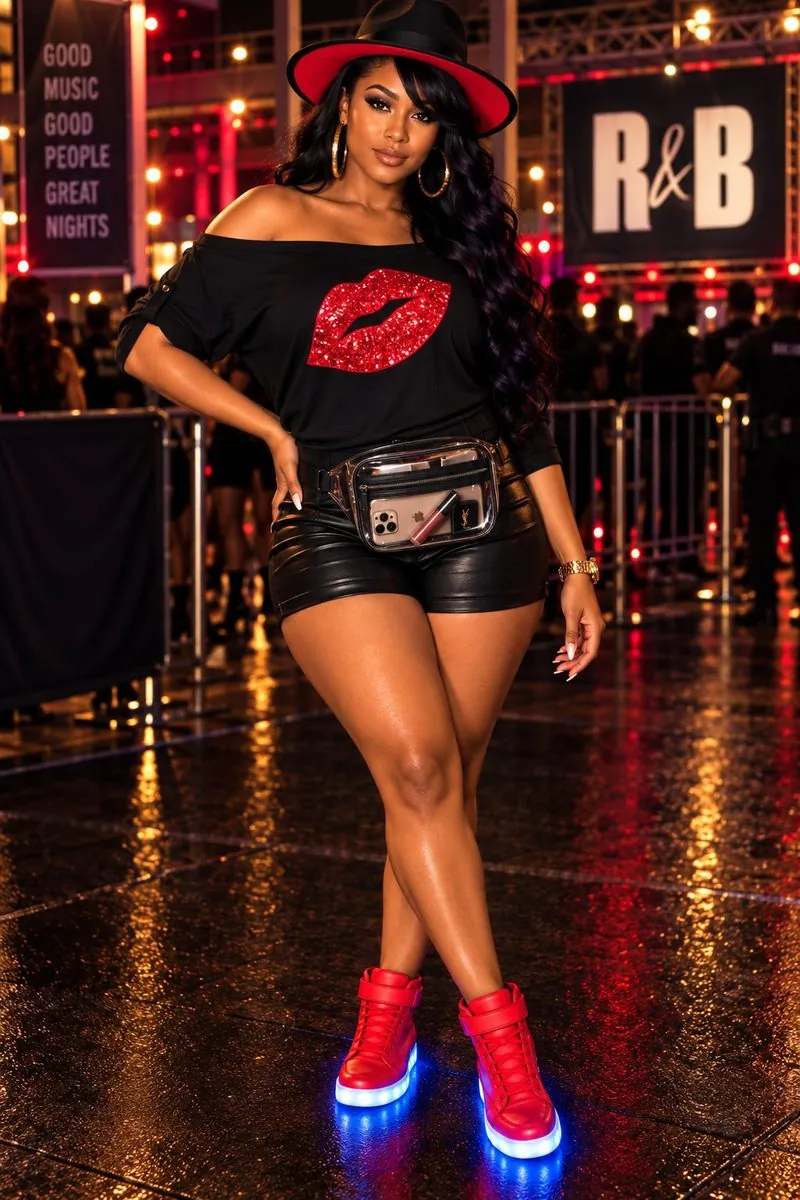 Look 03 Red Lips Y2K concert outfit - PESION red sequin lips top, black leather shorts, IGxx LED red high top sneakers, wide brim hat for R&B Tour 2026
