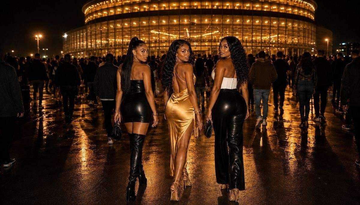 Three women in stadium-ready outfits at R&B Tour 2026 girls trip