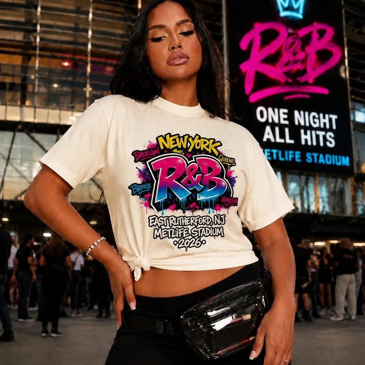 Cream New York R&B graffiti concert tee worn with a clear stadium fanny pack