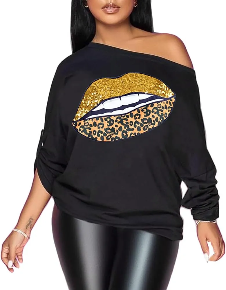 PESION cheetah lips gold sequin off shoulder tee for R&B concert