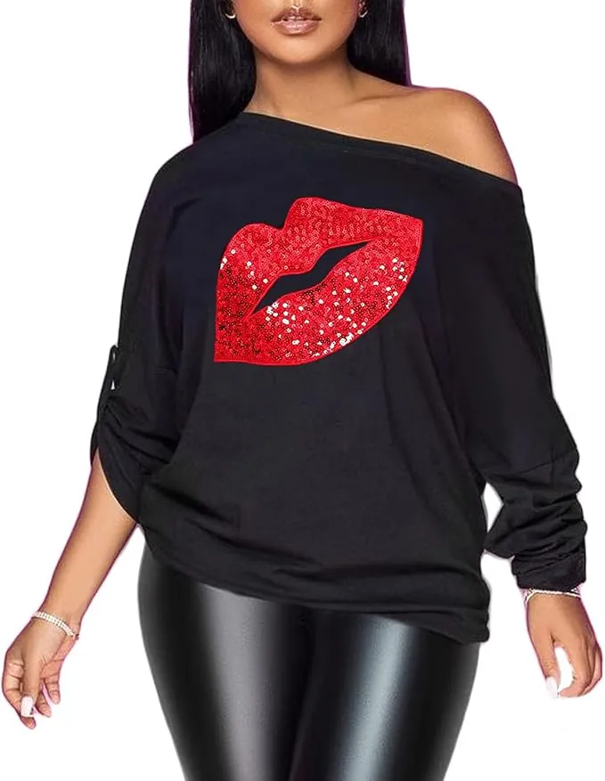 PESION red sequin lips off shoulder tee for R&B concert